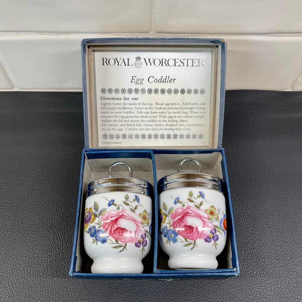 Royal Worcester Porcelain Egg Coddlers Boxed Pair Bournemouth Pink Rose